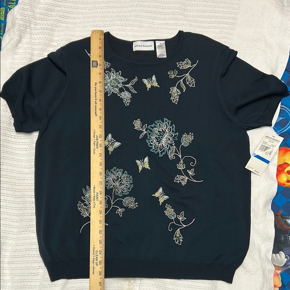 Alfred Dunner Black Top with Floral and Butterfly Embroidery